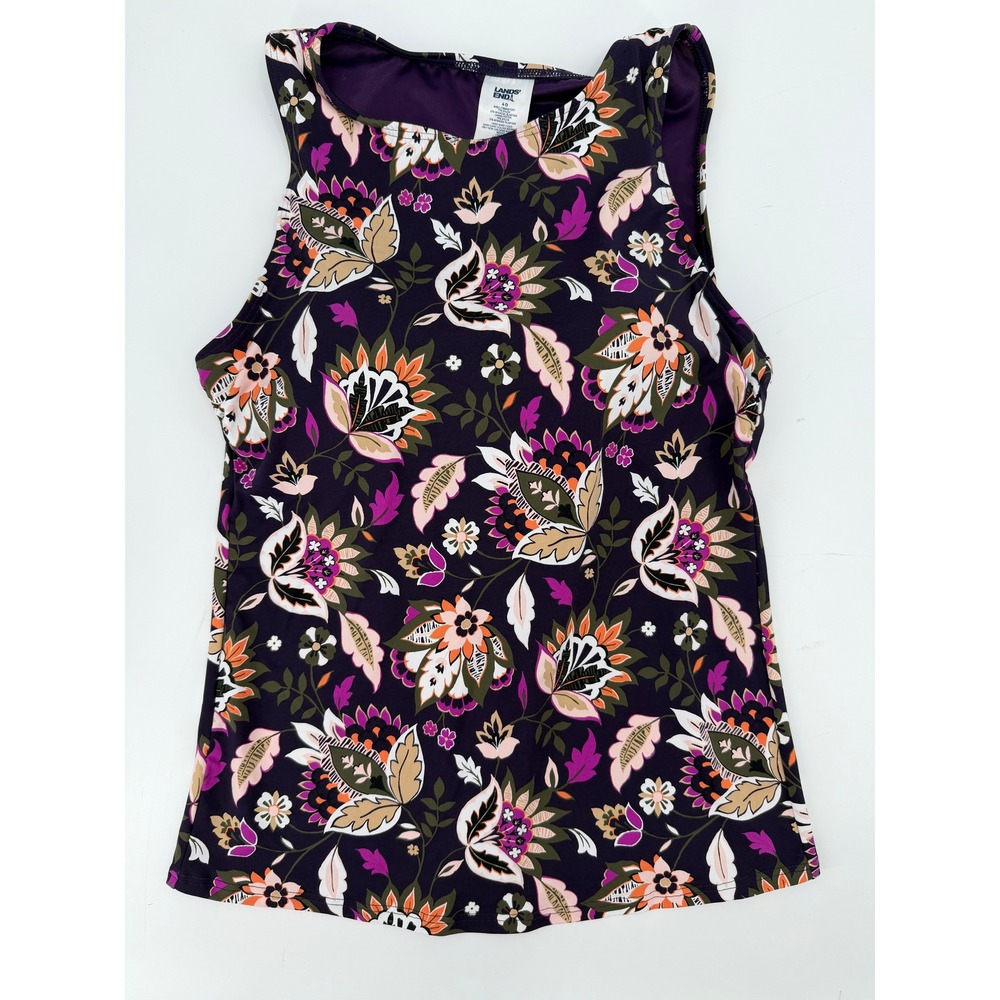 Lands End Womens Floral High Neck Tankini Top Purple Orange Size 4 D Shelf Bra